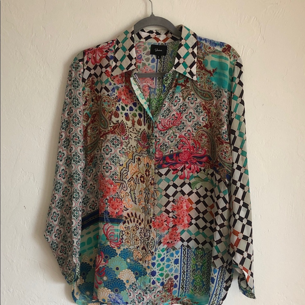 Johnny Was Inspired Multicolor Patchwork Button-Down Shirt
